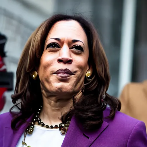 Image similar to kamala harris dressed up in hardcore gangbanger cosplay with face tattoos