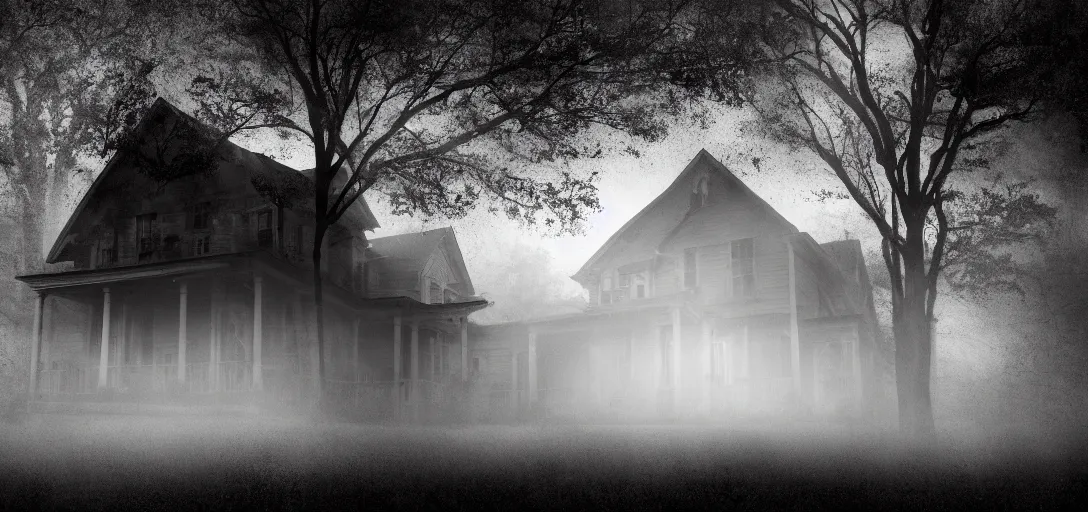 Prompt: opening cinematic shot from a horror movie about a haunted house, establishing shot, wide angle lens, dramatic lighting, fog, southern gothic