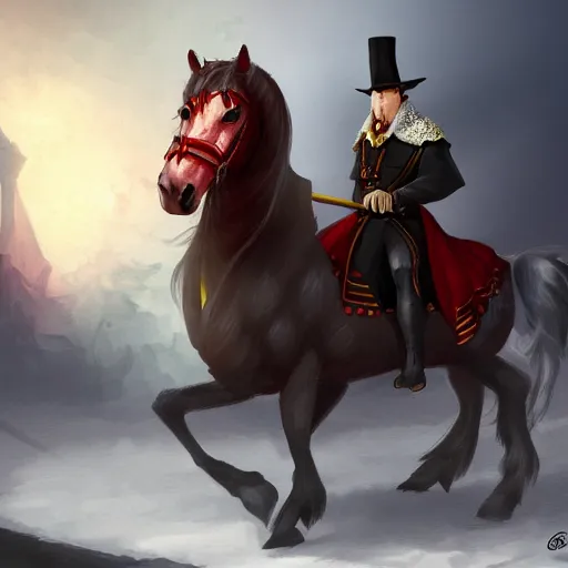 Image similar to Strahd Van Zarovich standing beside flamming horse, digital art