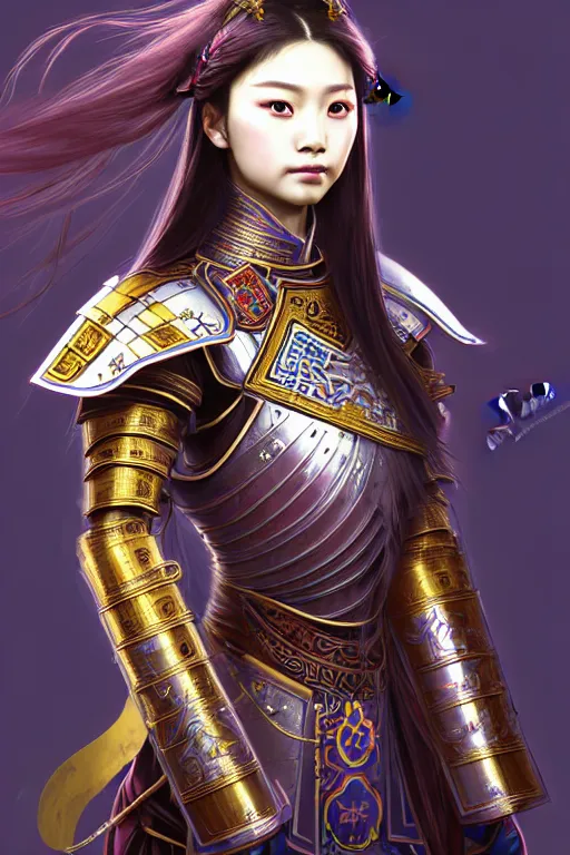 Image similar to beautiful and divine and holy and elite and colorlpunk three kingdom chinese female armor knight portrait like twice tzuyu+shinnyy eyes+front face with light flowing hair, ultradetail face, art and illustration by tian zi and craig mullins and WLOP and alphonse mucha, fantasy, intricate complexity, human structure, human anatomy, fantasy character concept, watermark, blurry, hyperrealism 8k