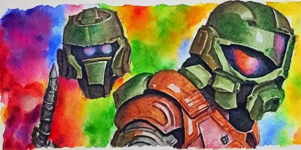 Image similar to doomguy watercolor art pastel colors pergament paper