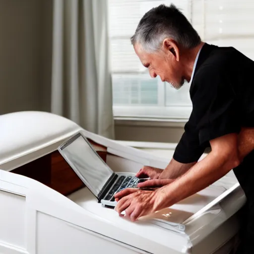 Image similar to casket with elderly man who is browsing internet on laptop from a casket