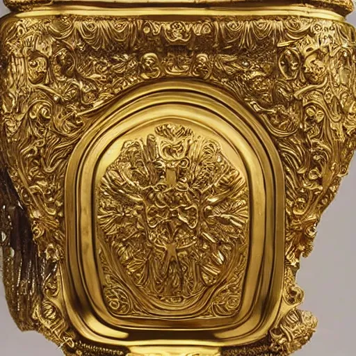 Image similar to a toilet made from solid gold. highly detailed, ornate, photorealistic