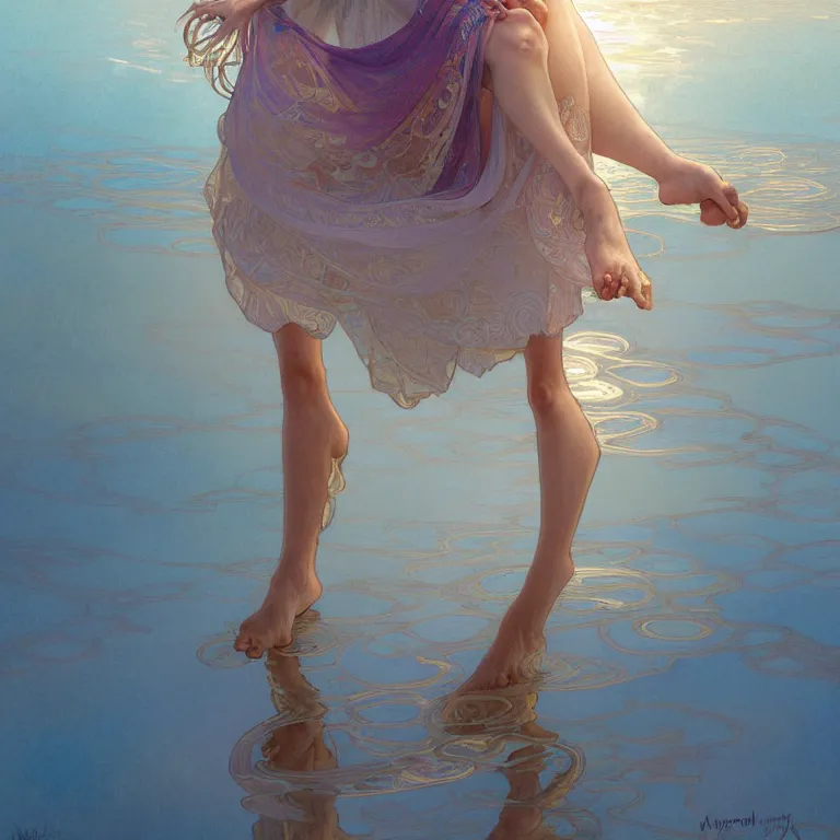 Prompt: highly detailed portrait of a barefoot white skirt girl stand on the water, water surface reflection, the calm sea level, gold filigree, romantic storybook fantasy, soft cinematic lighting, award, disney concept art watercolor illustration by mandy jurgens and alphonse mucha and alena aenami, pastel color palette, featured on artstation