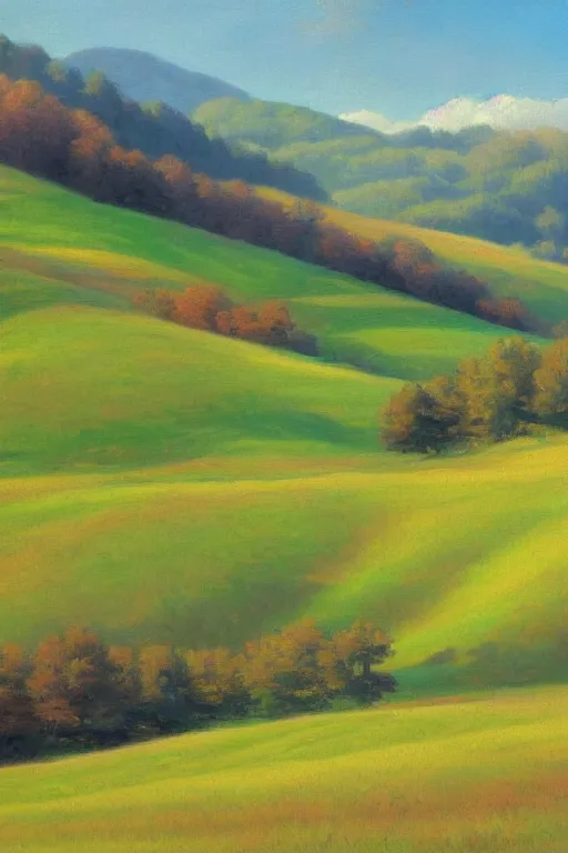 Image similar to Gorgeous rolling green hills in Japan, very detailed, focused, oil painting, colorful, canvas, artstation, Antoine Pierre Mongin