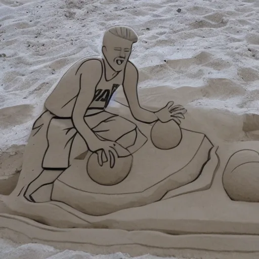 Prompt: sand sculpture of basketball player dunking into net