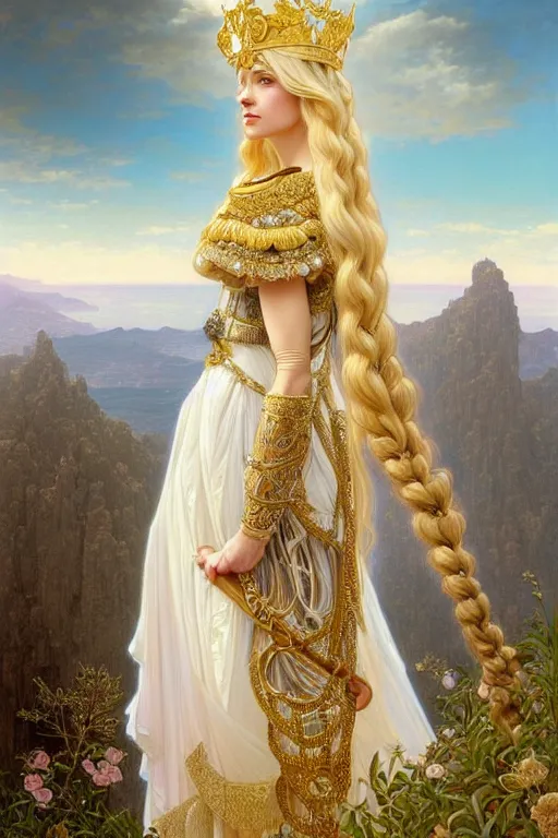 Image similar to portrait of a humanoid princess with long blonde hair, standing next to a beautiful view, ornate white officers outfit with gold embellishments, intricate, elegant, highly detailed, oil painting, illustration, art by artgerm and greg rutkowski and alphonse mucha, 8 k