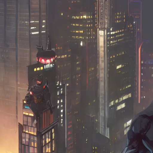 Prompt: Batman overlooking Gotham City from a skyscraper at night, digital art, artstation, WLOP, CGSociety, Mandy Jurgens, Frank Frazetta