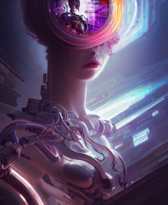 Image similar to whirlwind souls rushing inside metaverse, half body, tiara, robotic, android, cyborg, cyberpunk face, by loish, d & d, fantasy, intricate, elegant, highly detailed, colorful, vivid color, digital painting, artstation, concept art, art by artgerm and greg rutkowski and alphonse mucha and ruan jia