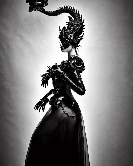 Image similar to a black and white high quality dreamy photo of a young beautiful female queen-silver dragon-vegetal-flower-cyborg veiled bust with a very long steampunk cyborg neck, elegant, highly detailed, poetic, soft, dreamy, mysterious, high fashion, in the style of Horst P. Horst, Metropolis, Realistic, Refined, Digital Art, Highly Detailed, Cinematic Lighting, rim light, black and white, photo-realistic, 8K