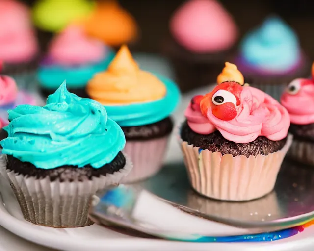 Image similar to dslr food photograph of a cupcake with colored frosting and a shrimp on top, 5 0 mm f 1. 4