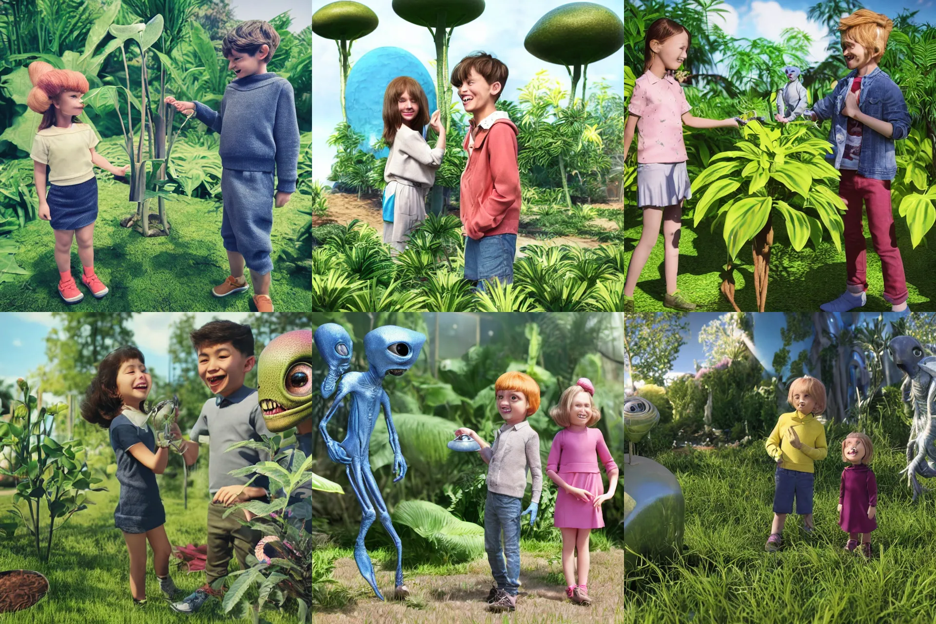 Prompt: a girl and a boy standing next to some alien plants, looking happy, wearing 1960 era clothes, they are playing with their small pet alien creature, in a park on a alien planet, extremely highly detailed, ultra realistic facial details, hyper realistic, ultra detailed, hyper photorealistic raytracing, octane render, 8k