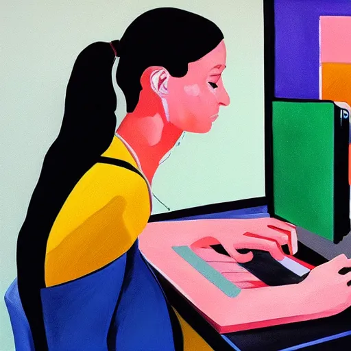 Image similar to realist gouache portrait of. 35 year old woman programming on a computer, vivid colors