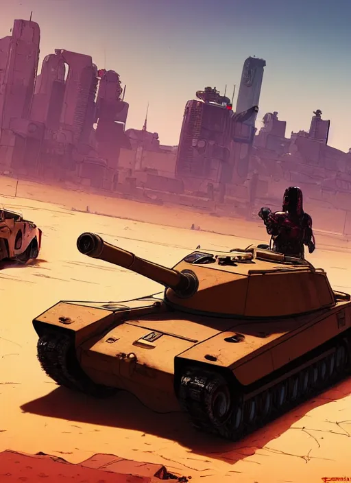 Image similar to tank in desert by mœbius, wide shot, realistic, cyberpunk 2 0 7 7 character art, gta v loading screen art, blade runner 2 0 4 9 concept art, cel shading, thick lines, artstation, art by stephen bliss