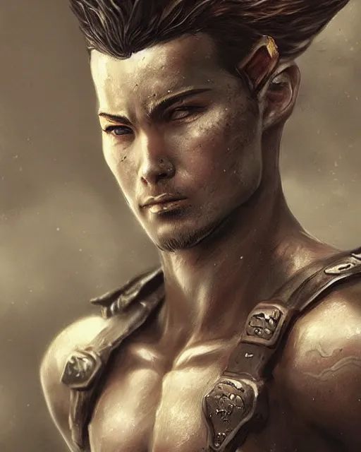 Prompt: portrait of a male warrior, fierce, masculine, ross tran, muted colors, greeneyes!!!!!!!!!!!, highly detailed sculpture, intricate detailed, ommatidia, 8 k, cinematic atmosphere