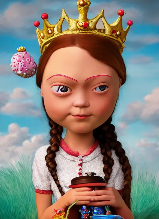Image similar to closeup face profile portrait of greta thunberg as a tin toy fairytale princess wearing a crown eating cakes, bikini, depth of field, zeiss lens, fashion photoshoot, by nicoletta ceccoli, mark ryden, lostfish, dan decarlo, bob clampett, max fleischer, breathtaking, detailed, hyperrealistic, octane render