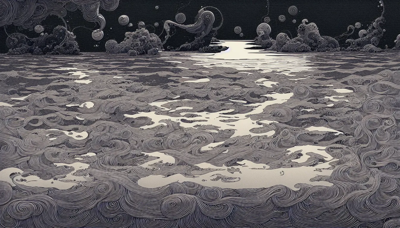 Image similar to calm sea at by nicolas delort, moebius, victo ngai, josan gonzalez, kilian eng