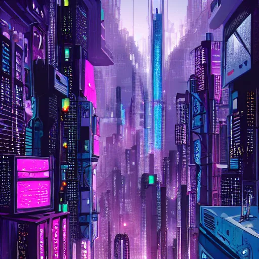 Image similar to an overpopulated, busy, dark cyberpunk metropolis with flying cars, fuchsia and blue, hundreds of people humans in the streets packed like sardines, smog, tv screens, the fifth element inspired digital art