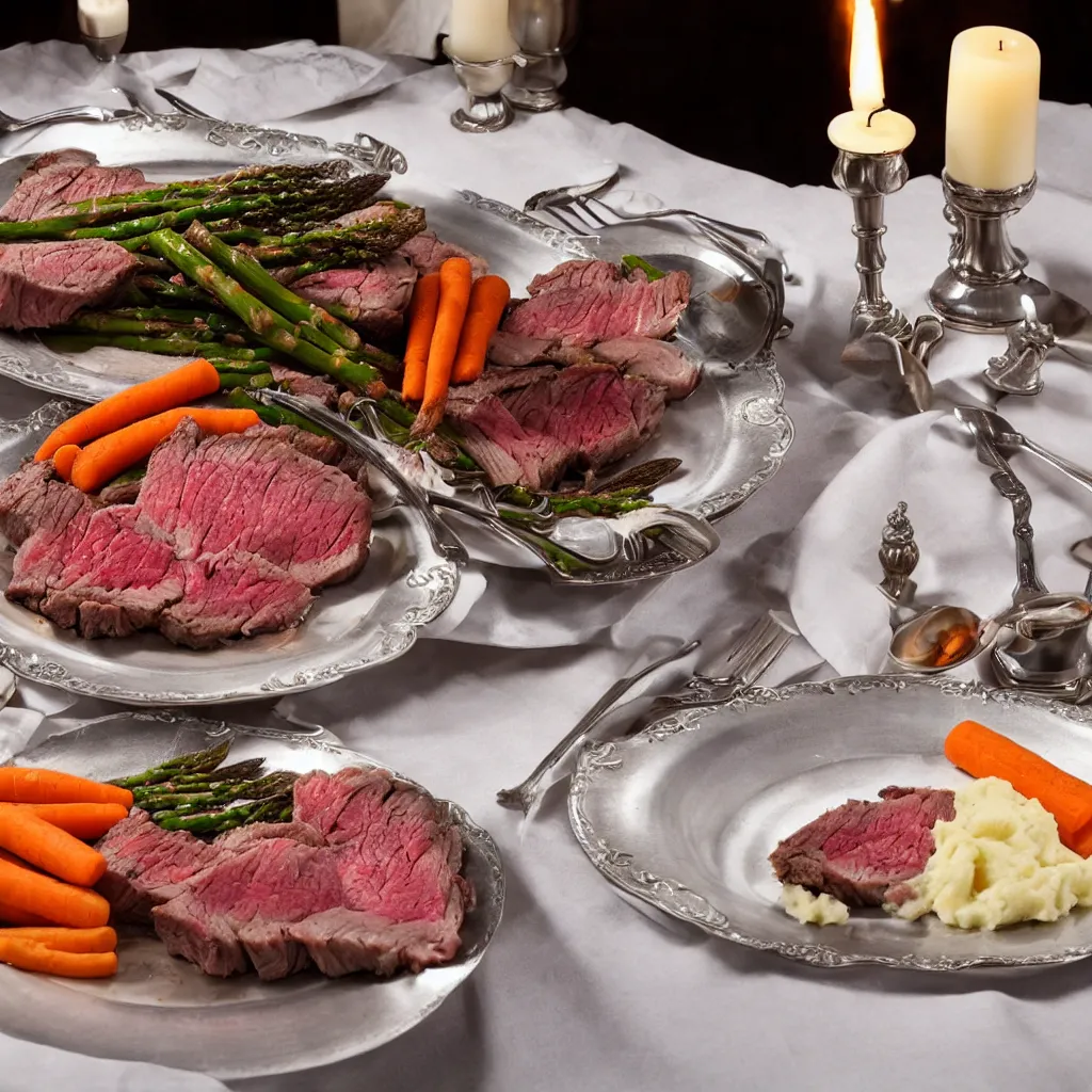 Image similar to single plate with prime rib, asparagus, mashed potatoes and gravy, and steamed carrots with blue table cloth and lit candles in ornate silver candlesticks, ultra - realistic, photo realism, professional photograph, extreme detail, deep focus, laser sharp, volumetric lighting, atmospheric, luxury, elite