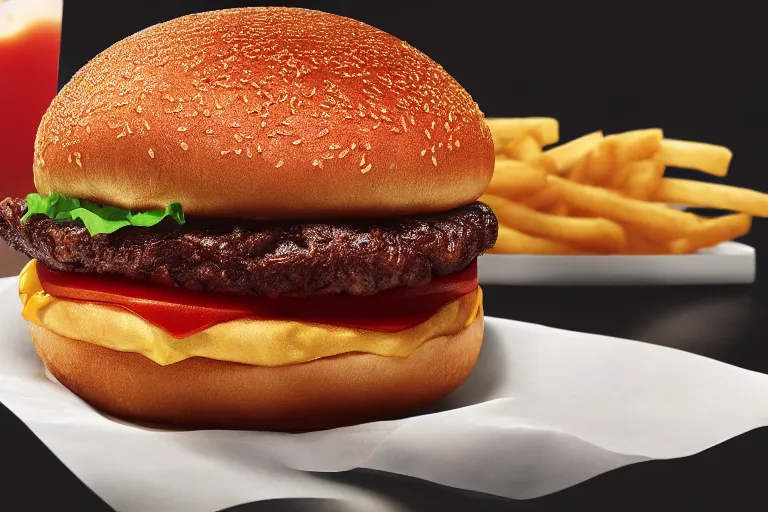 Image similar to mcdonalds hamburger burnt to a crisp, commercial photography