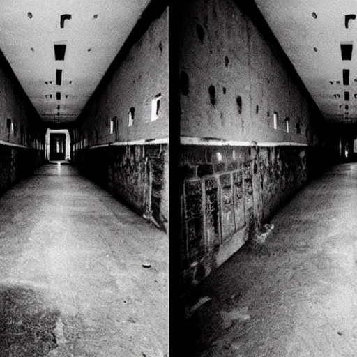 Prompt: terrifying ghosts in abandoned prison, security camera, black and white, real