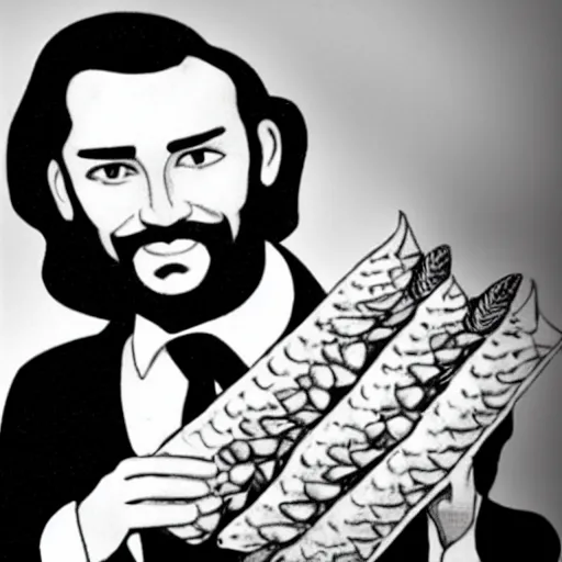 Image similar to jesus dressed as a 1 9 5 0 s advertising executive holding bread and fish