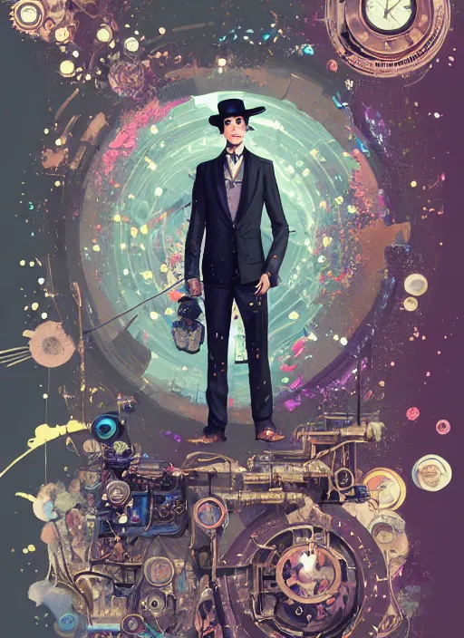 Image similar to arrogant elegant man travels through time via steampunk portals, pixiv fanbox, dramatic lighting, maximalist pastel color palette, splatter paint, pixar and disney exploded - view drawing, graphic novel by fiona staples and dustin nguyen, peter elson, alan bean, wangechi mutu, clean cel shaded vector art, trending on artstation