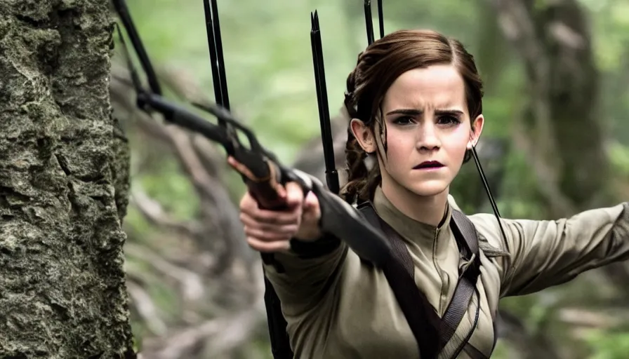 Image similar to film still of emma watson as katniss, the hunger games, action shot