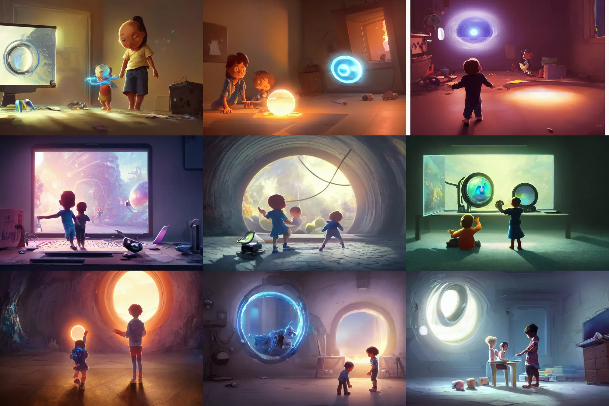 Prompt: a wholesome illustration of a kid and a computer monitor with a portal opening on the sceen and pulling the kid inside, trippy elements,imagination, creativity, magic, computer monitor, Pxar and Disney animation, sharp, Rendered in Redshift and Unreal Engine 5 by Greg Rutkowski, Bloom, dramatic lighting