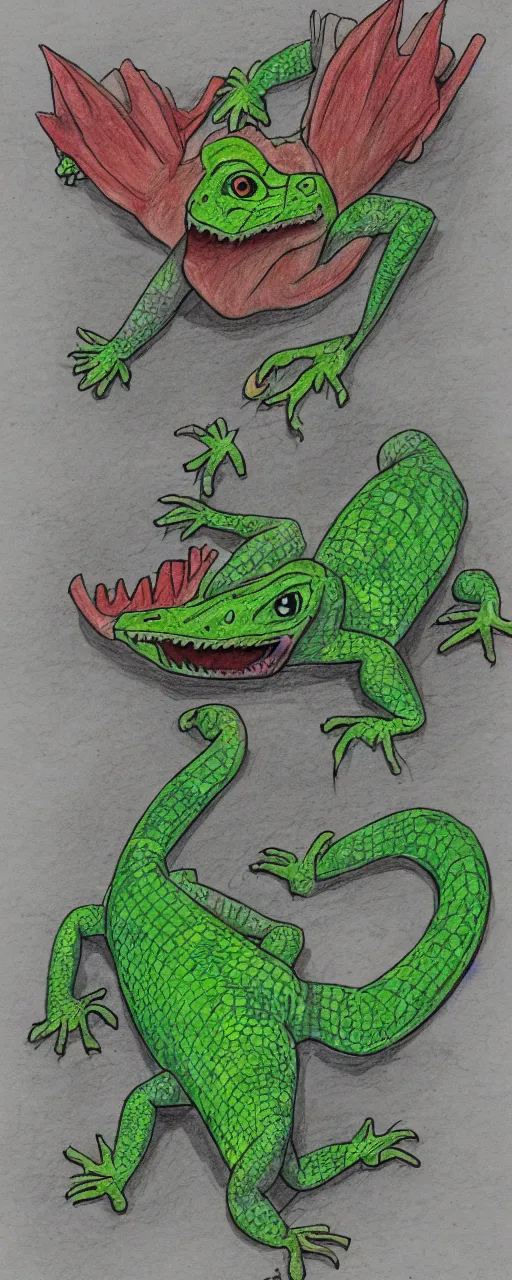 Image similar to happy lizard, anime, cartoon, pencil color