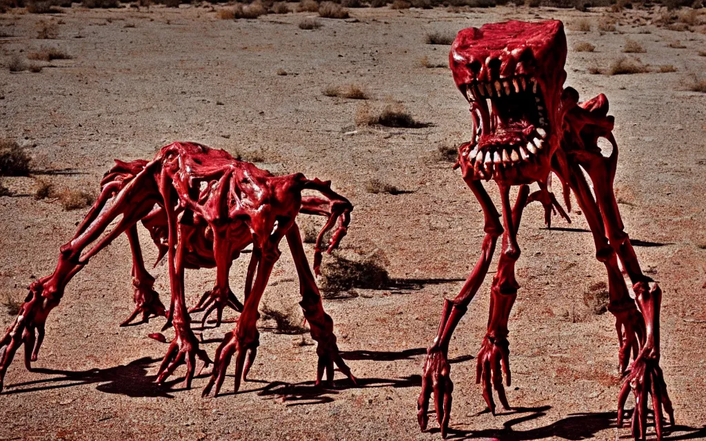 Image similar to in the desert a bloody gross horrifying The Thing creature made of muscle and bone and blood stares at the camera, eating, it walks on two legs, mid day, 35mm photography, realistic,