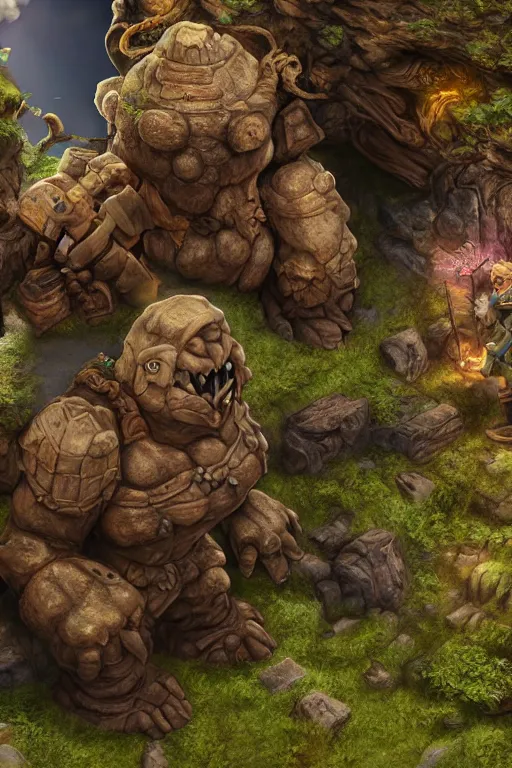 Image similar to zelda fantasy art giant golem troll wood rock greeble gemstone, global illumination ray tracing hdr fanart arstation by sung choi and eric pfeiffer and gabriel garza and casper konefal