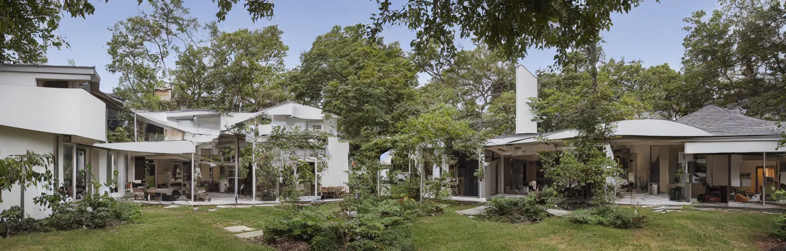 Image similar to A residential house built in a colonial style with a renovated usoian upper floor, a brutalist sunroom on the right hand side, and a bauhaus roof line. well lit from the inside, Real estate photography