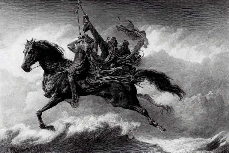 Image similar to A huge horse rides through epic Hurricane, Gustave Dore lithography