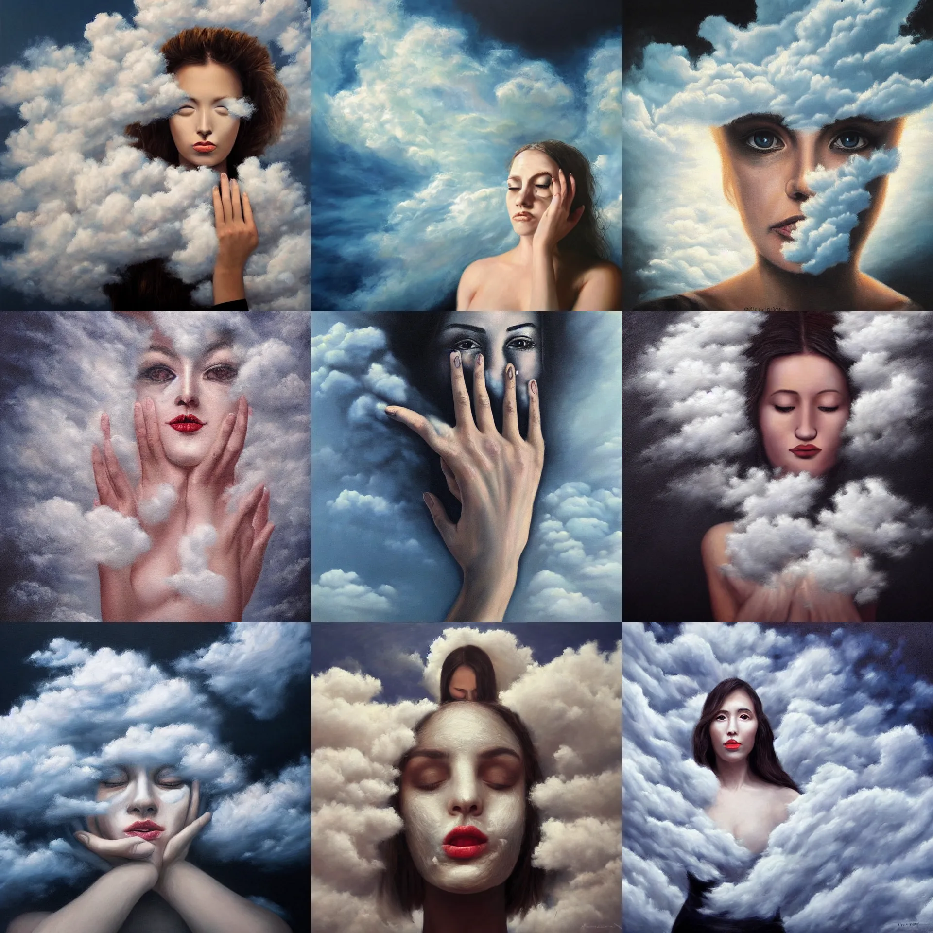 Prompt: surreal painting of a woman's face made of fluffy clouds, eyes covered by hands, dramatic lighting