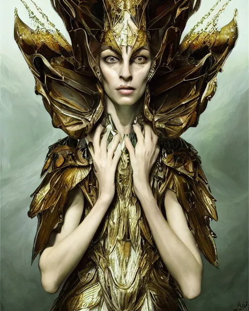 Image similar to Frightening and beautiful High elf queen wearing high fashion from Alexander McQueen and Iris Van Herpen, hyperrealistic masterpiece painted by Jaime Jones, Craig Mullins, Artgerm and Alphonse Mucha