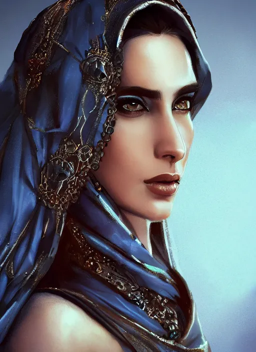 Prompt: Beautiful Arab Ameera Al taweel, blue eyes, leather, portrait, fantasy, medieval, oil colors, elegant, concept art, sharp focus, beautiful face, digital art, Hyper-realistic, 4K, Unreal Engine, Highly Detailed, HD, Dramatic Lighting by Brom, trending on Artstation