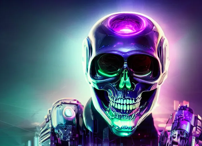 Image similar to a futuristic skull with glowing eyes and a purple background, cyberpunk art by android jones, behance contest winner, computer art, darksynth, synthwave, rendered in cinema 4 d