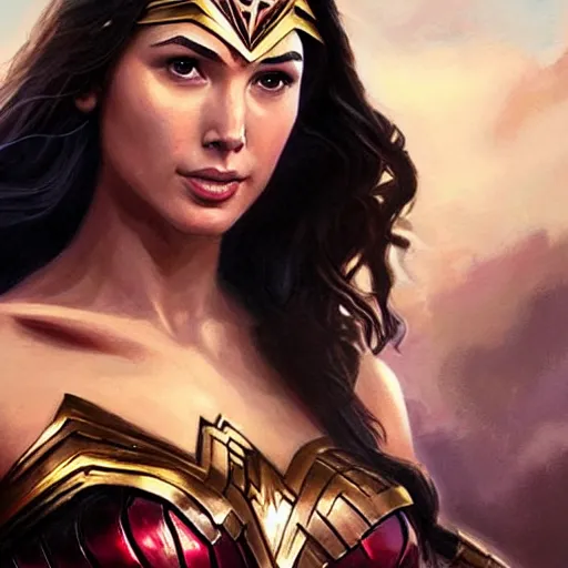 Prompt: gal gadot as wonder woman. beautiful painting by artgerm and greg rutkowski and raymond swanland. face closeup.