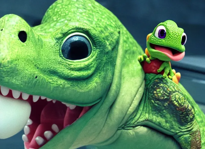 Image similar to film still of yoshi in the new sci - fi movie, cute upright dinosaur with a small turtle shell and long tongue, 8 k