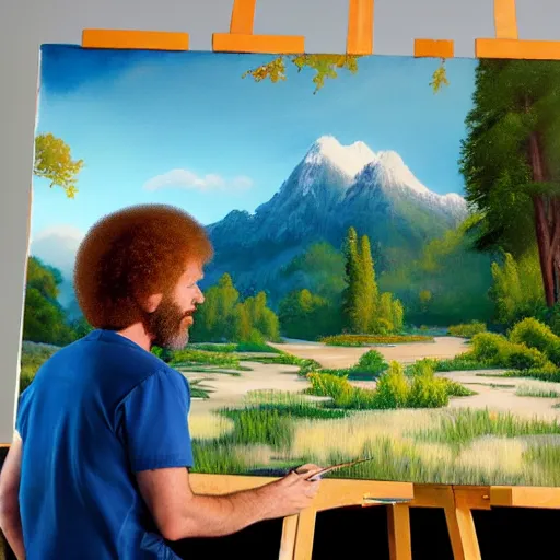 Prompt: a closeup photorealistic photograph of bob ross working on a canvas painting of bart simpson. film still. brightly lit scene. mountains and trees. this 4 k hd image is trending on artstation, featured on behance, well - rendered, extra crisp, features intricate detail, epic composition and the style of unreal engine.