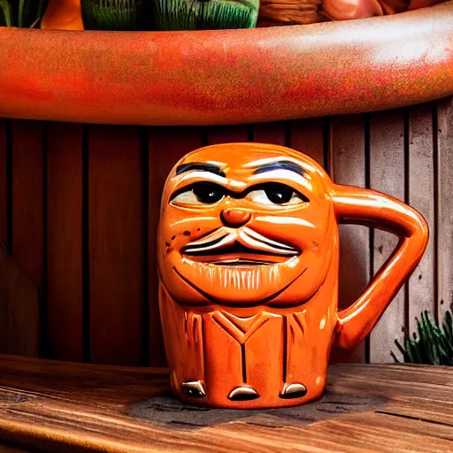 Image similar to a closeup photorealistic photograph of a glossy orange cat garfield style tiki mug sitting at a trader vic's beach bar featuring garfield's face. tiki theme. bright scene. fine detail. this 4 k hd image is trending on artstation, featured on behance, well - rendered, extra crisp, features intricate detail, epic composition and the style of unreal engine.