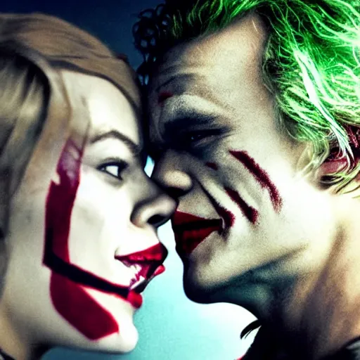 Prompt: heath ledger joker and margot robbie as harley quinn, cinematic, close up, anomorphic lens, low lighting