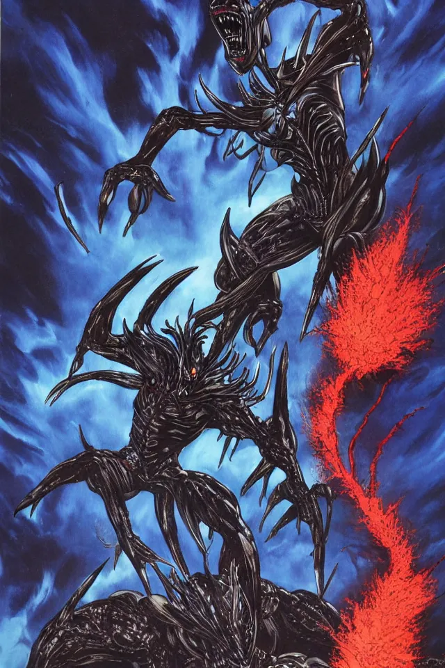 Image similar to The Dark Guyver Battles Kaiju On An Alien Planet With A Volcano Erupting In The Background,Full Figure,s Yasushi Nirasawa Cartoon Anime Style