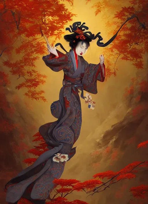 Image similar to tengu in autumn color kimono with art nouveau swirls, subsurface scattering, by jesper ejsing, justin gerard, tomasz alen kopera, cgsociety and fenghua zhong, highly detailed, rim light, cinematic lighting, illustration, art, octane render, very coherent, cinematic, hyper realism, high detail, octane render, 8 k