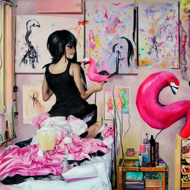 Image similar to a portrait in a female artist's bedroom, black walls, emo girl riding an inflatable flamingo, sheet music, berries, surgical supplies, pancakes, black flowers, sensual, octopus, neo - expressionism, surrealism, acrylic and spray paint and oilstick on canvas