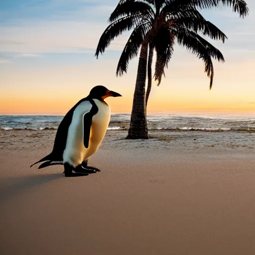 Prompt: photo of penguins on a tropical beach, palm trees, 50mm, beautiful photo