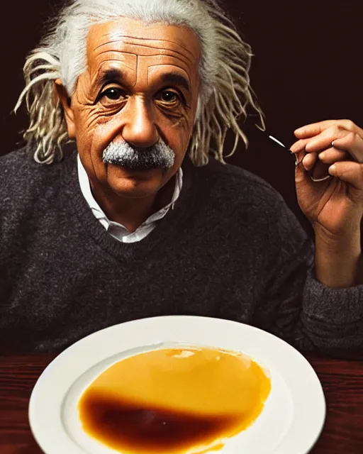 Prompt: a portrait of albert einstein sitting at the dining table with a plate containing caramel custard in front of him, highly detailed, trending on artstation, bokeh, 9 0 mm, f / 1. 4