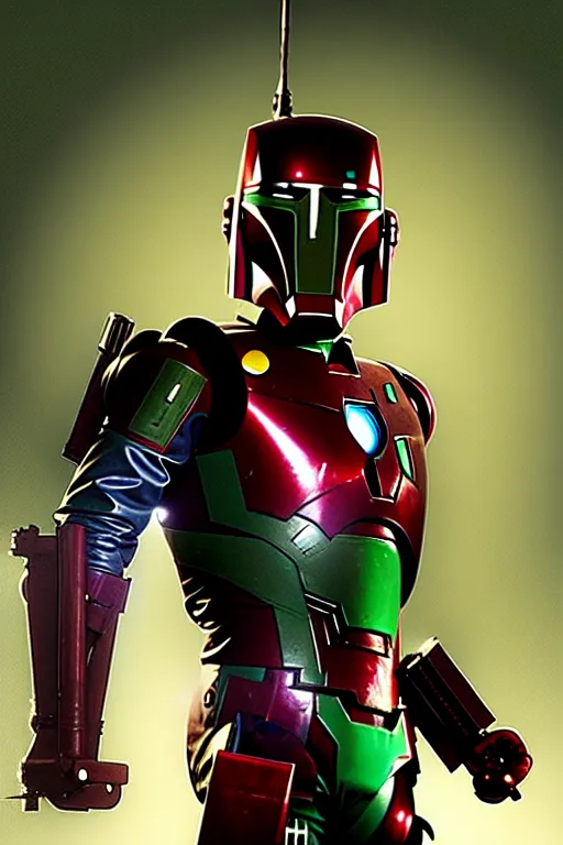 Prompt: character mashup between ironman and boba fett, digital art, movie still from blade runner