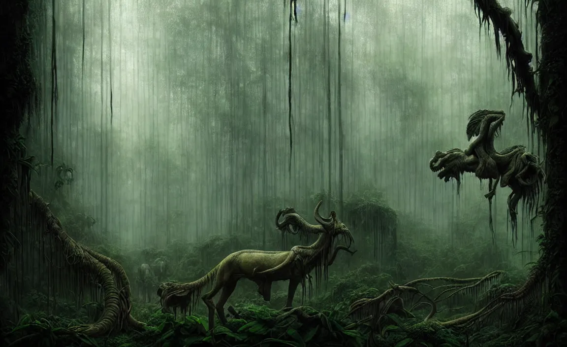 Prompt: epic professional digital art of jungle, faint greenish moody atmospheric lighting, painted, intricate, detailed, detailed, foreboding, by leesha hannigan, wayne haag, reyna rochin, ignacio fernandez rios, mark ryden, iris van herpen,, epic, stunning, gorgeous, much wow, cinematic, masterpiece.